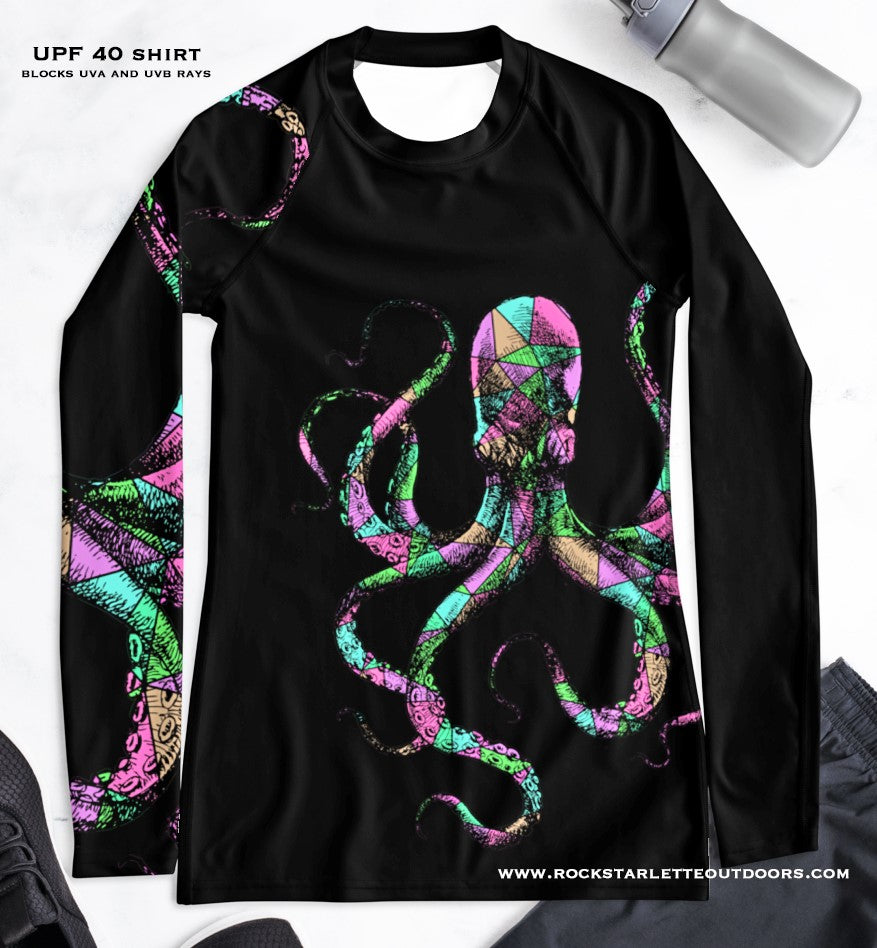 Rockstarlette Octopus UPF 40, Sun Shirt/Rash Guard, Black or Hot Pink XL (12) Black