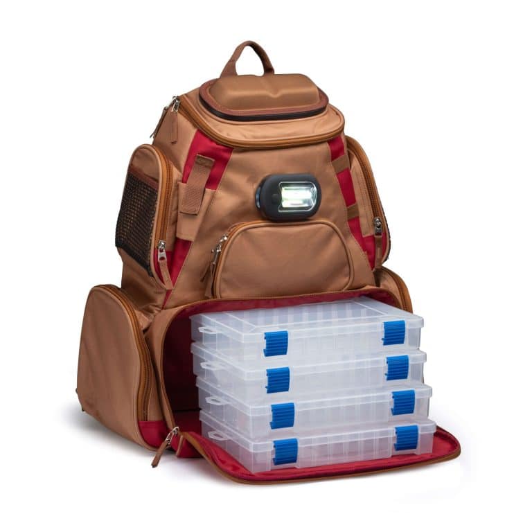 Vexan Fishing Backpack Tackle Box w/Removable LED Light Tan & Burgundy