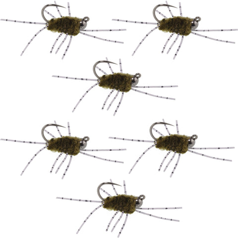 Barbless Pat's Barred Rubber Legs Tungsten Bead Jigged Dark Olive Euro Nymph  - Set of 6 Flies Hook Size 6