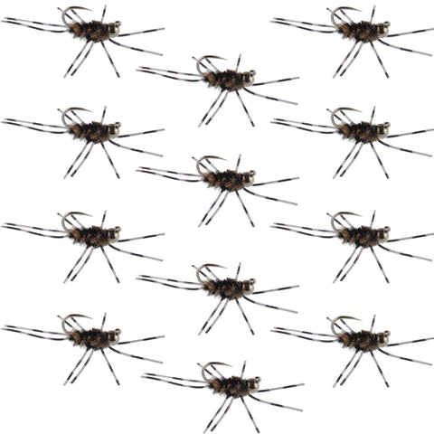 Barbless Pat's Barred Rubber Legs Tungsten Bead Jigged Coffee/Black Euro Nymph  - Set of 12 Flies Hook Size 6