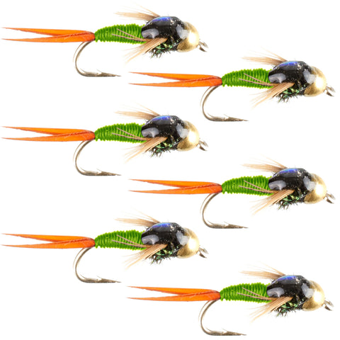 Bead Head Chartreuse Copper John Nymph Fly Fishing Flies - Set of 6 Flies Hook Size 14