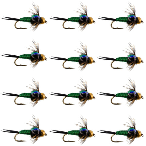 Bead Head Green Copper John Nymph Fly Fishing Flies - 1 Dozen Flies Hook Size 18