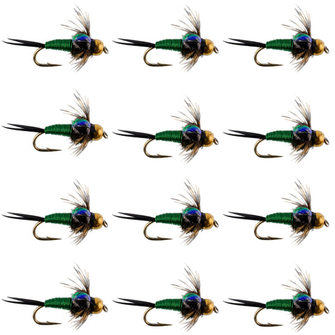 Bead Head Green Copper John Nymph Fly Fishing Flies - 1 Dozen Flies Hook Size 14