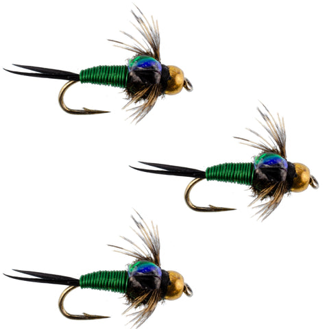 3 Pack Bead Head Green Copper John Nymph Fly Fishing Flies -  Hook Size 16