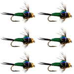 Bead Head Green Copper John Nymph Fly Fishing Flies - Set of 6 Flies Hook Size 14