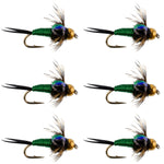 Bead Head Green Copper John Nymph Fly Fishing Flies - Set of 6 Flies Hook Size 16