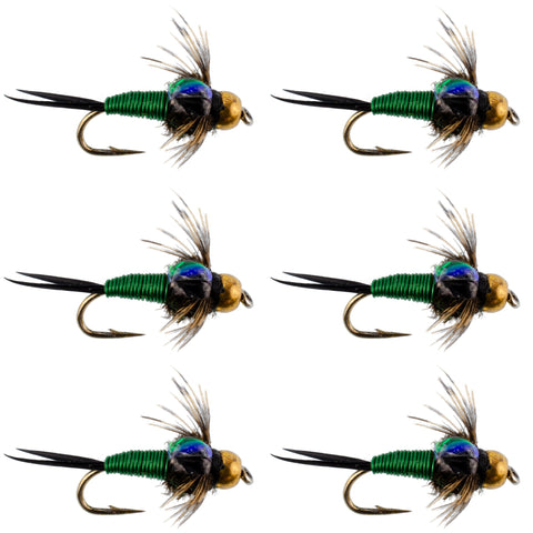 Bead Head Green Copper John Nymph Fly Fishing Flies - Set of 6 Flies Hook Size 16