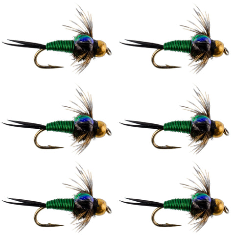 Bead Head Green Copper John Nymph Fly Fishing Flies - Set of 6 Flies Hook Size 14