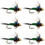 Bead Head Green Copper John Nymph Fly Fishing Flies - Set of 6 Flies Hook Size 12