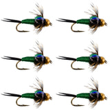 Bead Head Green Copper John Nymph Fly Fishing Flies - Set of 6 Flies Hook Size 12