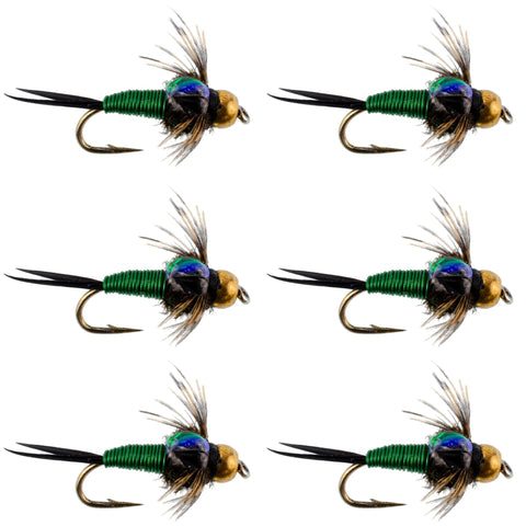 Bead Head Green Copper John Nymph Fly Fishing Flies - Set of 6 Flies Hook Size 12