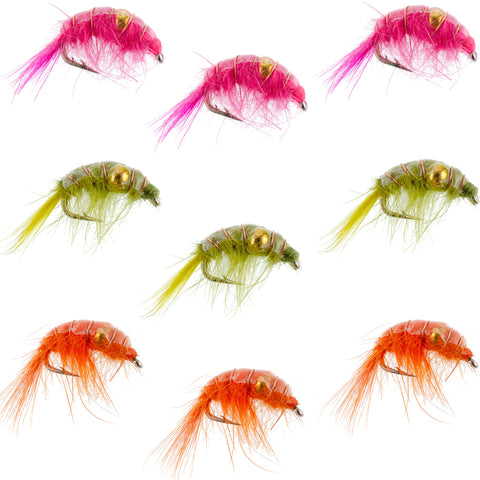 Beaded Shrimp Scud Assortment - 9 Flies - 3 Each of 3 Patterns Size 12 - Tailwater Lake Fly Fishing Flies Collection