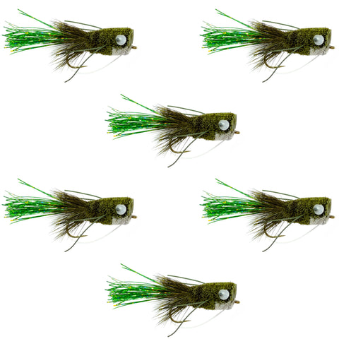 Flashtail Bass Popper 6 Flies Size 8 - Olive Bass Fly Fishing Bug Wide Gape Bass Hooks With Weed Guard