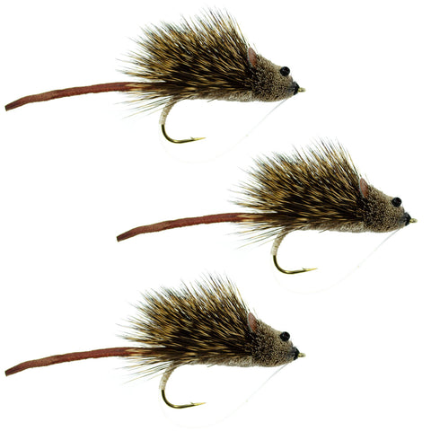 3 Pack Deer Hair Scruffy Rat Size 2 - Bass Fly Fishing Bug Wide Gape Bass Hooks With Weed Guard