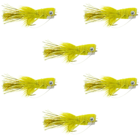 Flashtail Bass Popper  6 Flies Size 8 - Yellow Bass Fly Fishing Bug Wide Gape Bass Hooks With Weed Guard