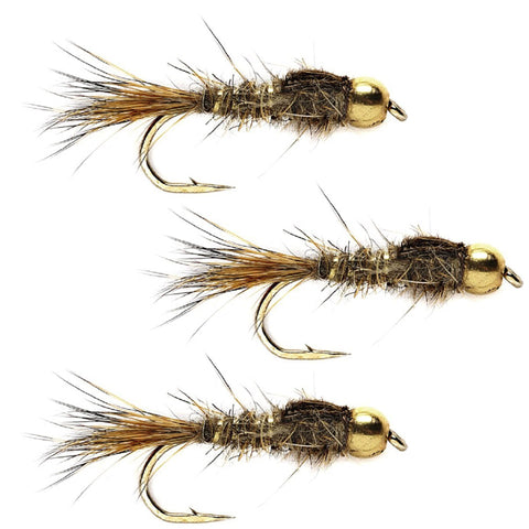 3 Pack Tungsten Bead Head Gold Ribbed Hare's Ear Nymph Fly Fishing Flies Hook Size 14