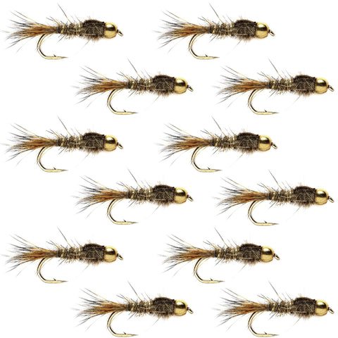 Tungsten Bead Head Gold Ribbed Hares Ear Nymph 1 Dozen Flies - Size 18