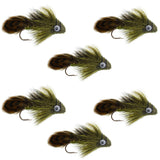 Big Eye Olive Sculpin Streamer Flies - 6 Bass and Trout Fly Fishing Flies - Hook Size 2