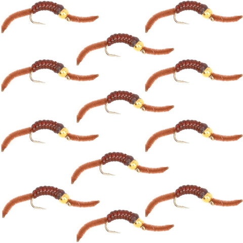 San Juan Bead Head Power Worm Brown V-Rib - 1 Dozen Hook Size 14
