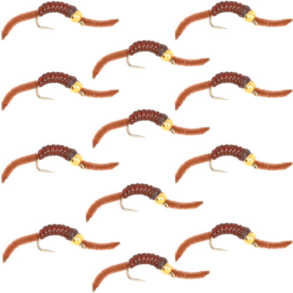 San Juan Bead Head Power Worm Brown V-Rib - 1 Dozen Hook Size 10