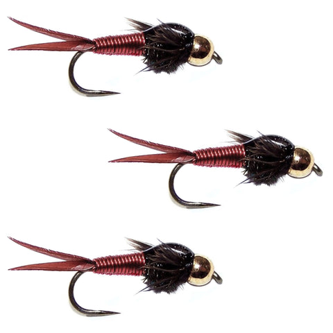 3 Pack Barbless Bead Head Red Copper John Nymph Fly Fishing Flies -  Hook Size 12