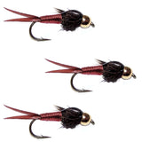 3 Pack Bead Head Red Copper John Nymph Fly Fishing Flies -  Hook Size 10