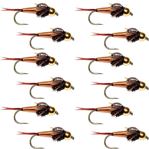 Tungsten Bead Head Copper John Nymph 1 Dozen Fly Fishing Flies - Hook Size 10