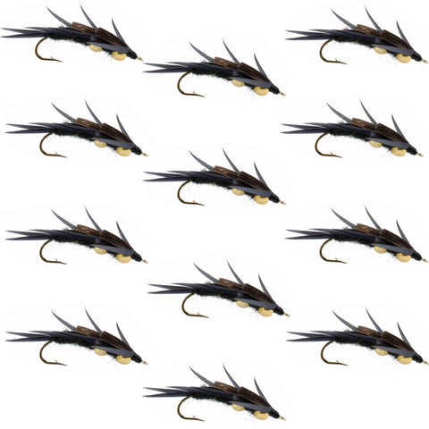 Double Bead Black Stone Fly with Black Biot Legs - Stonefly Wet Fly - 1 Dozen Flies Hook Size 6