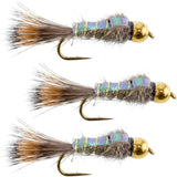 3 Pack Tungsten Bead Head Flash Back Gold Ribbed Hare's Ear Nymph Fly Fishing Flies Hook Size 18