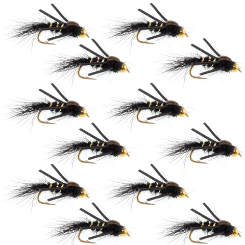 Tungsten Bead Head Rubber Legs Black Gold-Ribbed Hare's Ear Trout Fly Nymph - 1 Dozen Flies Hook Size 16