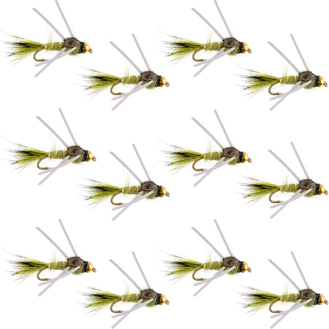 Tungsten Bead Head Rubber Legs Olive Gold-Ribbed Hare's Ear Trout Fly Nymph - 1 Dozen Flies Hook Size 12