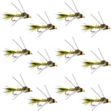 Tungsten Bead Head Rubber Legs Olive Gold-Ribbed Hare's Ear Trout Fly Nymph - 1 Dozen Flies Hook Size 16