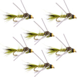 Tungsten Bead Head Rubber Legs Olive Gold-Ribbed Hare's Ear Trout Fly Nymph - 6 Flies Hook Size 14