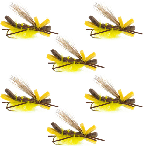 Godzilla Hopper Trout Flies - Yellow High Visibility Grasshopper or Stonefly Dry Fly - 6 Flies Hook Size 10