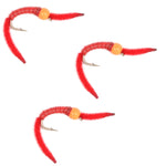 3 Pack San Juan Power Worm Hot Head Orange Bead Red V-Rib - Hook Size 10