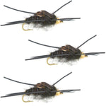 3 Pack Gold Bead Kaufmann's Black Stone Fly with Rubber Legs - Stonefly Wet Fly - Hook Size 10