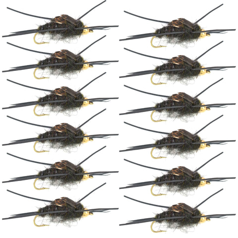 Gold Bead Kaufmann's Black Stone Fly with Rubber Legs - Stonefly Wet Fly - 1 Dozen Flies Hook Size 4