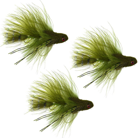 3 Pack Mini Sex Dungeon Streamer Olive - Size 6 - Articulated Trout Bass Steelhead Salmon and Bass Fly Fishing Flies