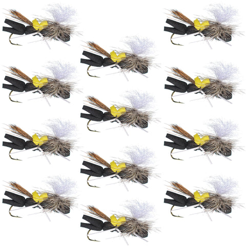 Parachute Chernobyl Ant Black Yellow Top Foam Body Grasshopper Fly 1 Dozen Flies Hook Size 10