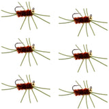 Barbless Pat's Rubber Legs Tungsten Bead Jigged Brown Euro Nymph  - Set of 6 Flies Hook Size 10
