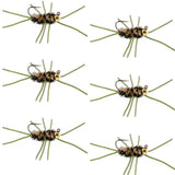 Barbless Pat's Rubber Legs Tungsten Bead Jigged  Coffee/Black Euro Nymph  - Set of 6 Flies Hook Size 10