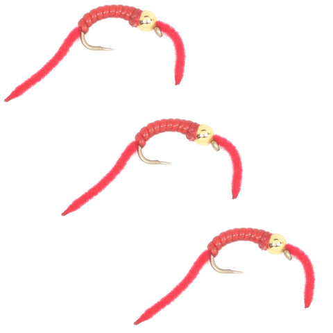 3 Pack San Juan Power Worm Gold Bead Head Red V-Rib - Hook Size 10