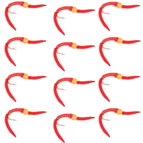 San Juan Worm Orange Bead Head Power Worm Red V-Rib - 1 Dozen Nymph Flies Hook Size 10