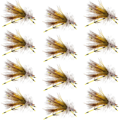 Kaufmann's Yellow Crystal Stimulator Rubber Legs Dry Fly - 1 Dozen Flies Hook Size 14