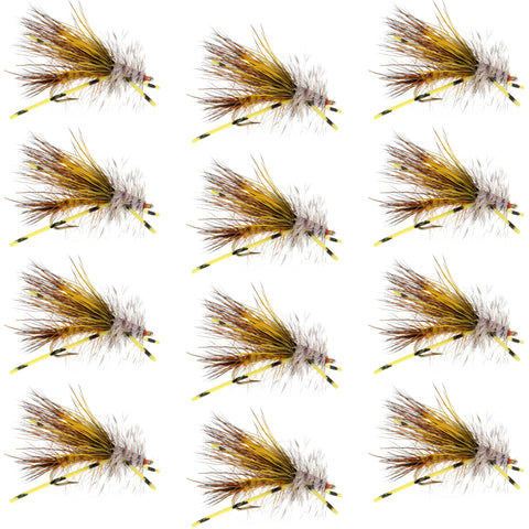 Kaufmann's Yellow Crystal Stimulator Rubber Legs Dry Fly - 1 Dozen Flies Hook Size 8