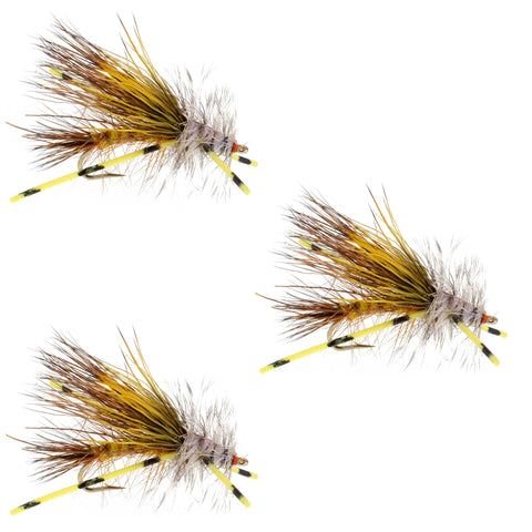 3 Pack Kaufmann's Yellow Crystal Stimulator Rubber Legs Dry Fly - Hook Size 14