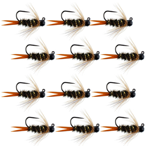 Black Tungsten Bead Prince Jig Tactical Czech Nymph Euro Nymphing Fly - 1 Dozen Flies Size 16