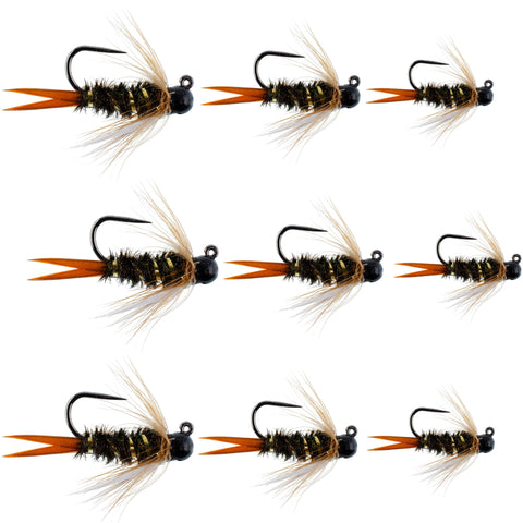 Black Tungsten Bead Prince Jig Assortment Tactical Czech Nymph Euro Nymphing Fly - 9 Flies Sizes 12, 14, 16