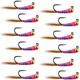 Tungsten Bead Hot Spot Purple Perdigon Tactical Jig Spanish Czech Euro Nymph Fly - 1 Dozen Flies Size 18