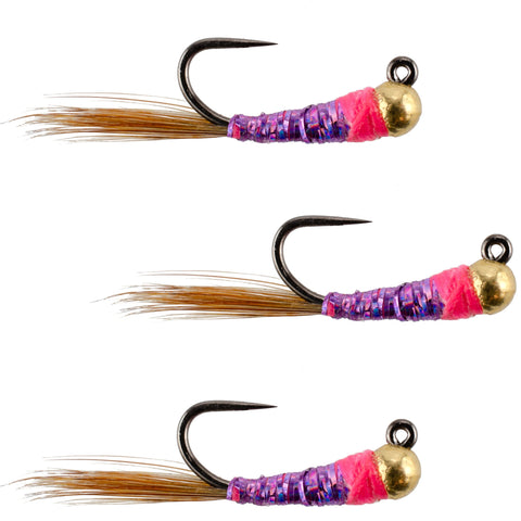 3 Pack Tungsten Bead Hot Spot Purple Perdigon Tactical Jig Spanish Czech Euro Nymph Fly - Hook  Size 16